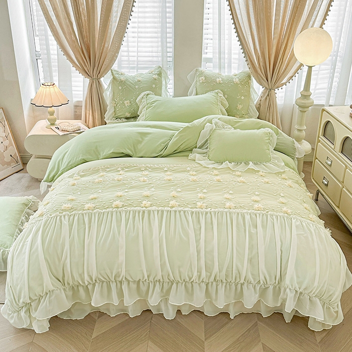 91家纺网 家纺一手货源 找家纺 鼎丰家纺 2025新款立体花朵蕾丝雪纺花边四件套-绮梦系列 绮梦-浅绿