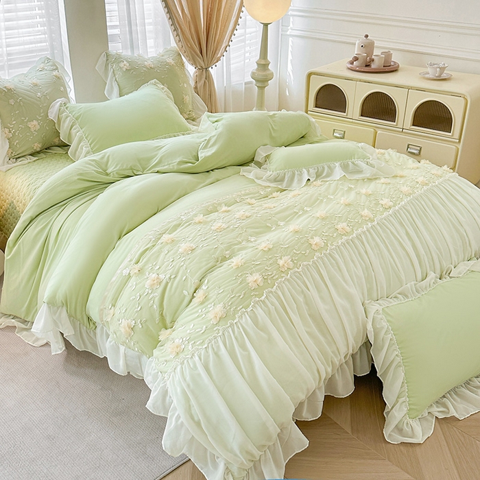 91家纺网 家纺一手货源 找家纺 鼎丰家纺 2025新款立体花朵蕾丝雪纺花边四件套-绮梦系列 绮梦-浅绿