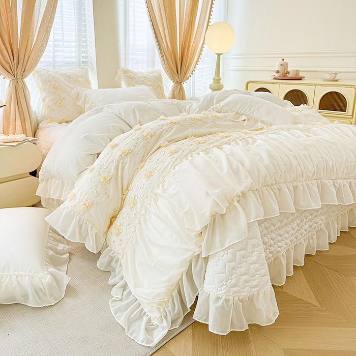 91家纺网 家纺一手货源 找家纺 鼎丰家纺 2025新款立体花朵蕾丝雪纺花边四件套-绮梦系列 绮梦-奶白