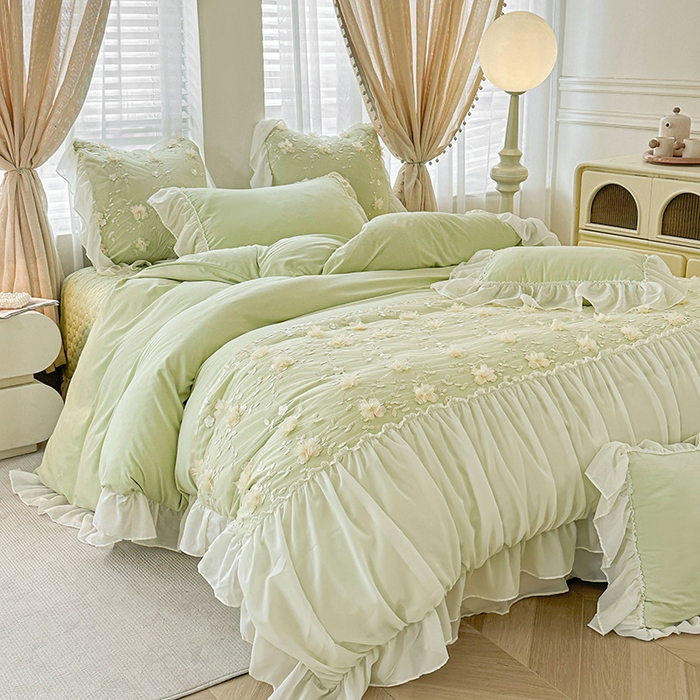 91家纺网 家纺一手货源 找家纺 鼎丰家纺 2025新款立体花朵蕾丝雪纺花边四件套-绮梦系列 绮梦-浅绿