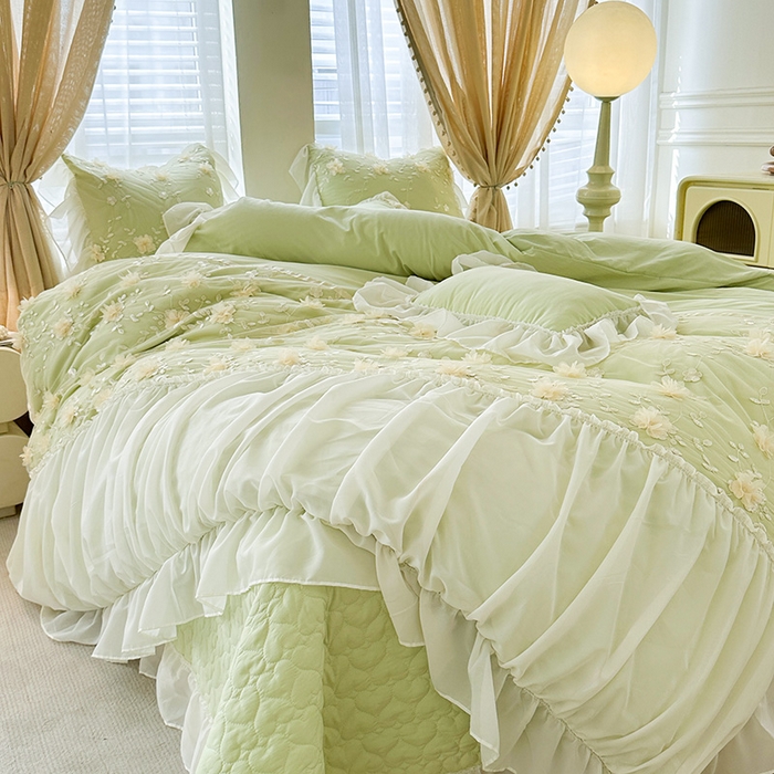 91家纺网 家纺一手货源 找家纺 鼎丰家纺 2025新款立体花朵蕾丝雪纺花边四件套-绮梦系列 绮梦-浅绿