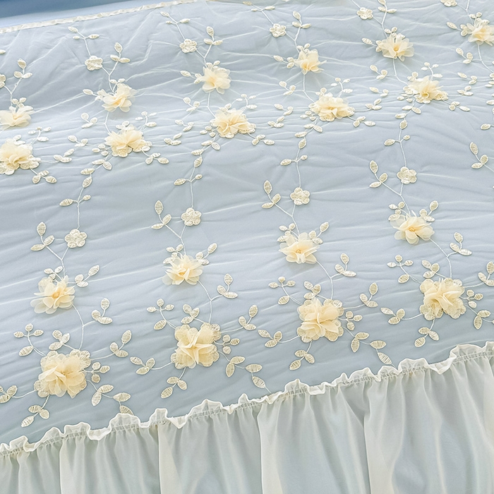 91家纺网 家纺一手货源 找家纺 鼎丰家纺 2025新款立体花朵蕾丝雪纺花边四件套-绮梦系列 绮梦-浅蓝