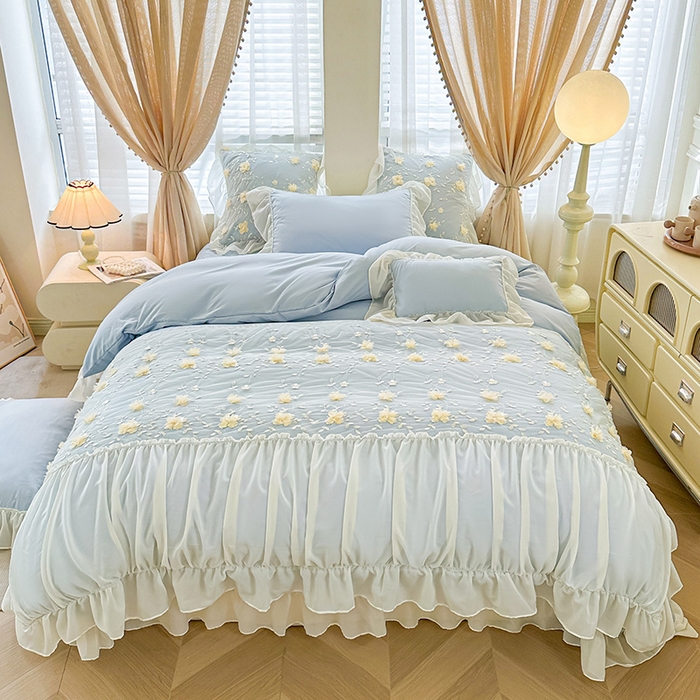 91家纺网 家纺一手货源 找家纺 鼎丰家纺 2025新款立体花朵蕾丝雪纺花边四件套-绮梦系列 绮梦-浅蓝