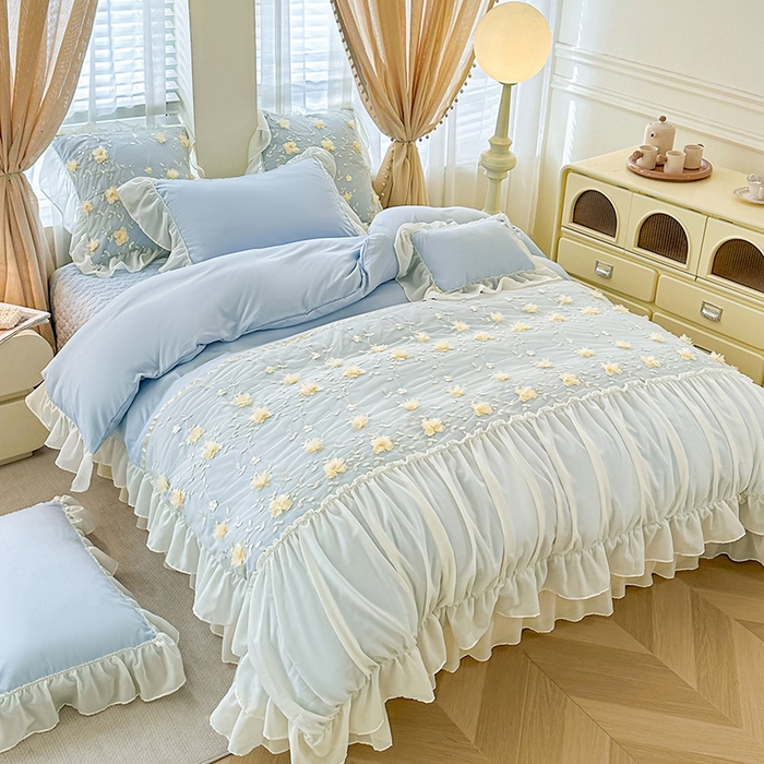 91家纺网 家纺一手货源 找家纺 鼎丰家纺 2025新款立体花朵蕾丝雪纺花边四件套-绮梦系列 绮梦-浅蓝