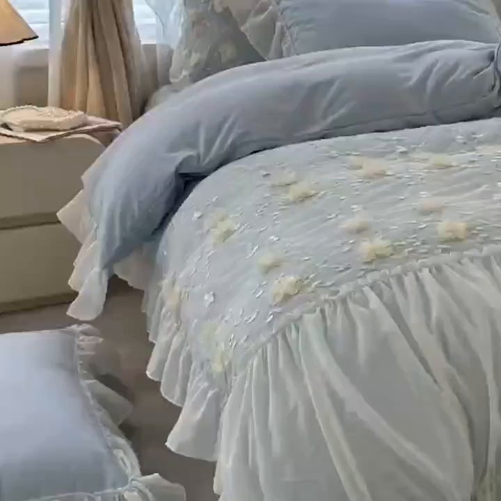 91家纺网 家纺一手货源 找家纺 鼎丰家纺 2025新款立体花朵蕾丝雪纺花边四件套-绮梦系列 绮梦-浅蓝