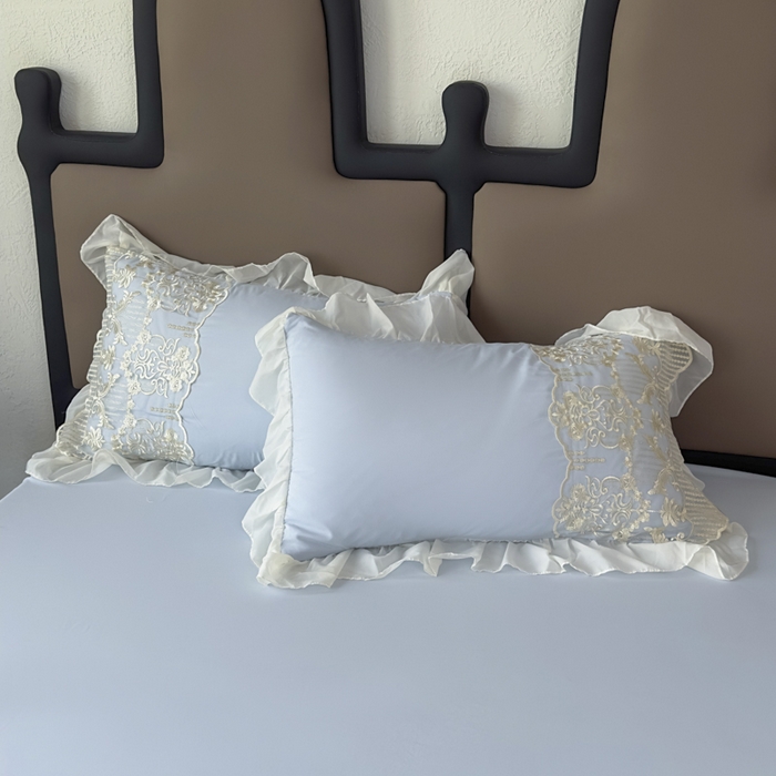 91家纺网 家纺一手货源 找家纺 鼎丰家纺 2025新款蕾丝刺绣雪纺花边四件套 香榭-浅蓝