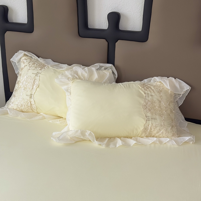 91家纺网 家纺一手货源 找家纺 鼎丰家纺 2025新款蕾丝刺绣雪纺花边四件套 香榭-米色