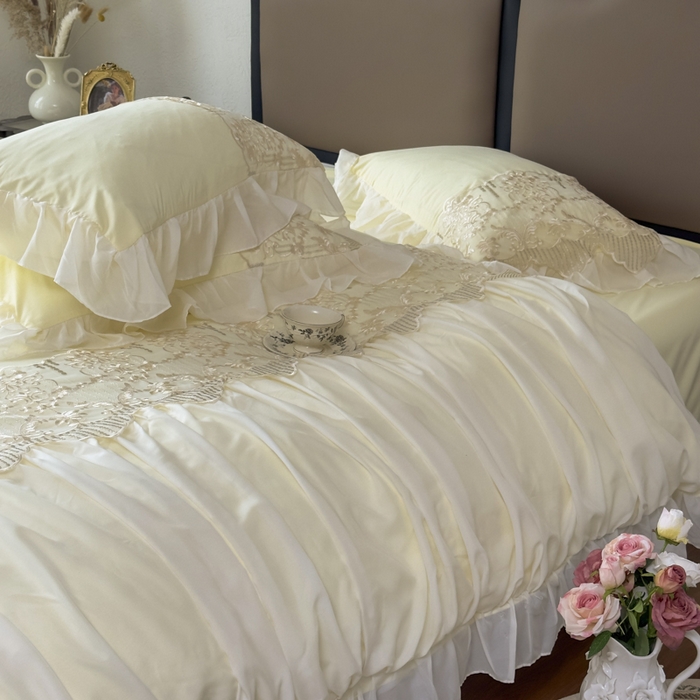 91家纺网 家纺一手货源 找家纺 鼎丰家纺 2025新款蕾丝刺绣雪纺花边四件套 香榭-米色