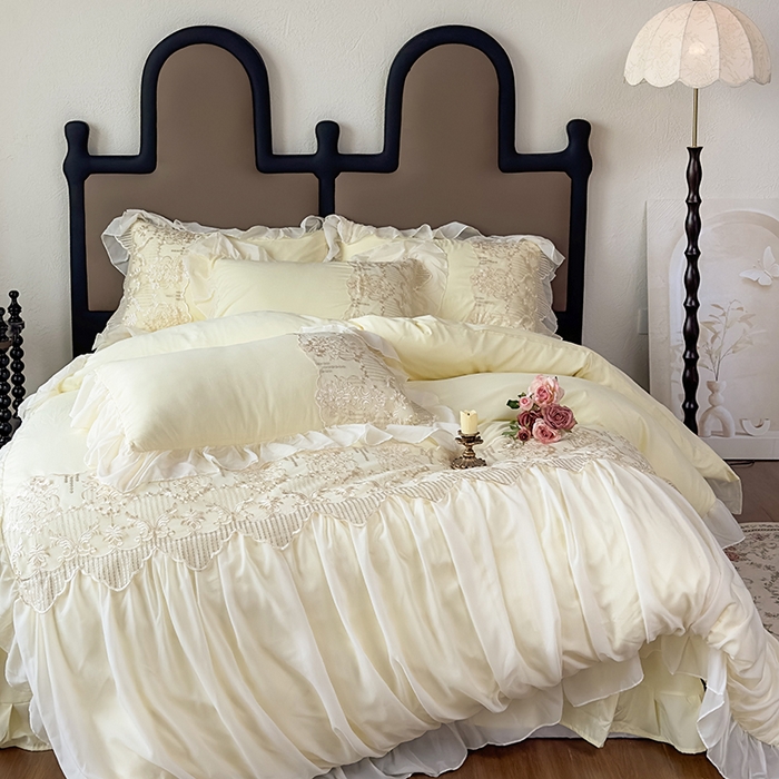 91家纺网 家纺一手货源 找家纺 鼎丰家纺 2025新款蕾丝刺绣雪纺花边四件套 香榭-米色