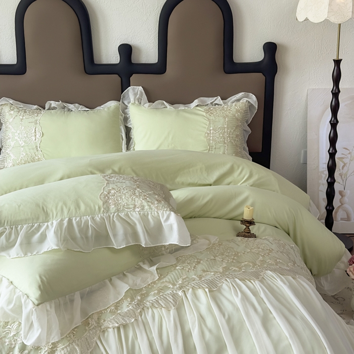 91家纺网 家纺一手货源 找家纺 鼎丰家纺 2025新款蕾丝刺绣雪纺花边四件套 香榭-浅绿