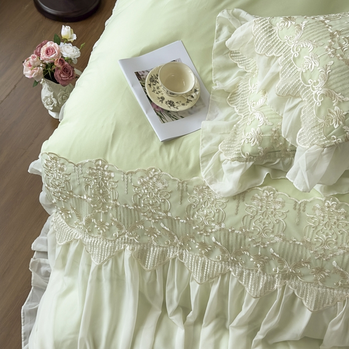 91家纺网 家纺一手货源 找家纺 鼎丰家纺 2025新款蕾丝刺绣雪纺花边四件套 香榭-浅绿