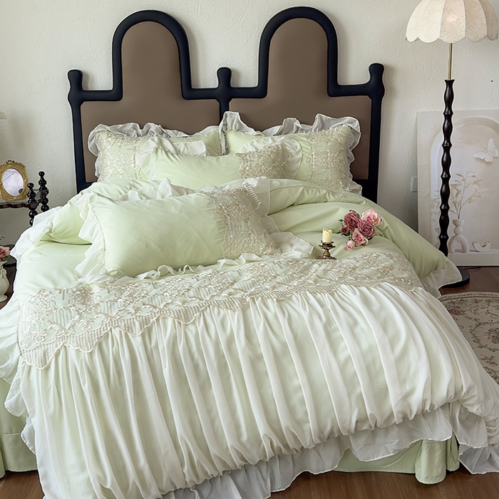 91家纺网 家纺一手货源 找家纺 鼎丰家纺 2025新款蕾丝刺绣雪纺花边四件套 香榭-浅绿