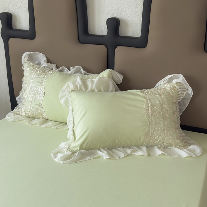 91家纺网 家纺一手货源 找家纺 鼎丰家纺 2025新款蕾丝刺绣雪纺花边四件套 香榭-浅绿