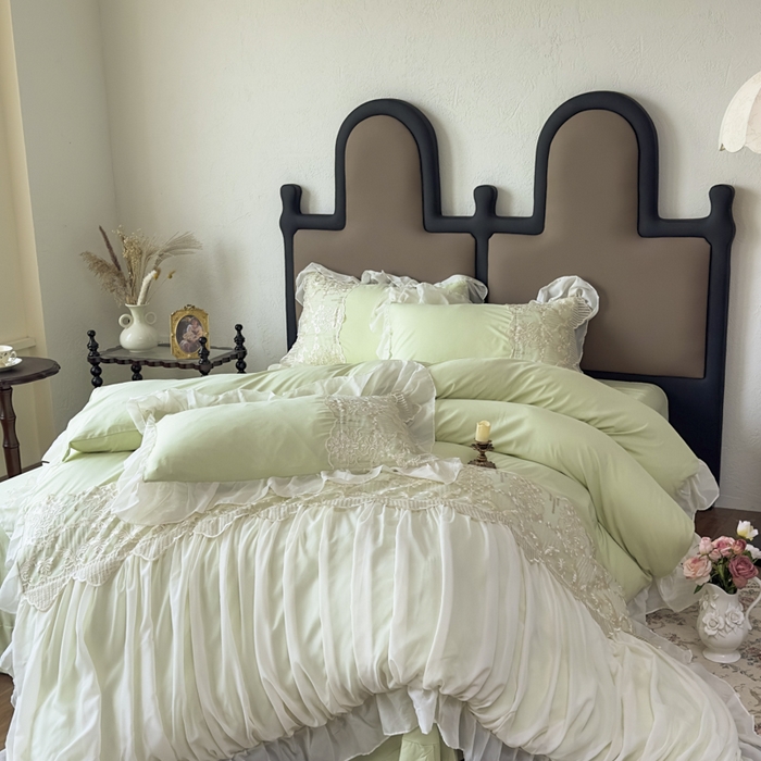 91家纺网 家纺一手货源 找家纺 鼎丰家纺 2025新款蕾丝刺绣雪纺花边四件套 香榭-浅绿