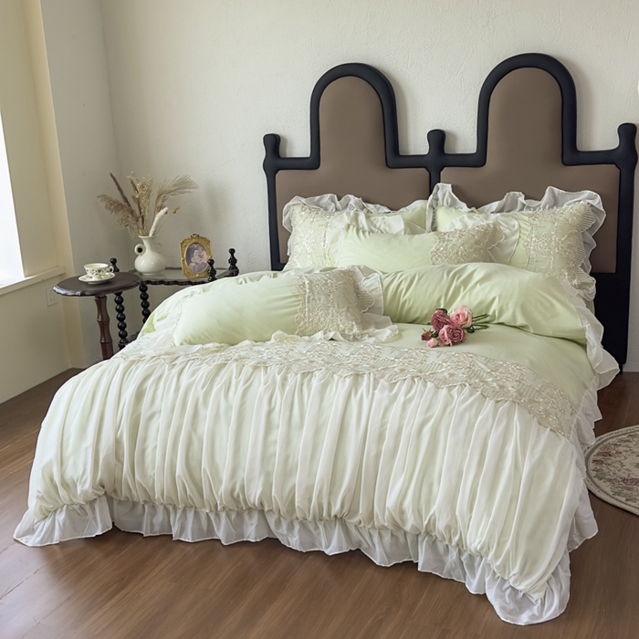 91家纺网 家纺一手货源 找家纺 鼎丰家纺 2025新款蕾丝刺绣雪纺花边四件套 香榭-浅绿