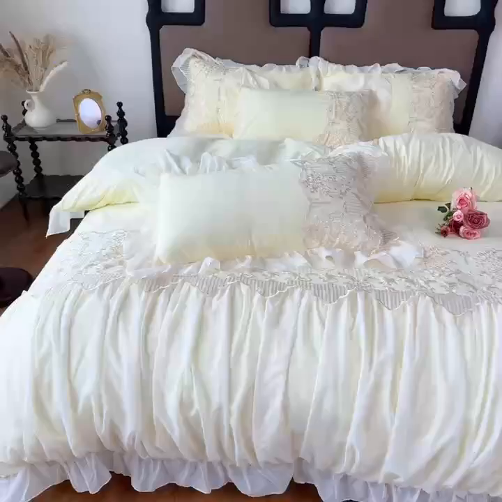 91家纺网 家纺一手货源 找家纺 （总）鼎丰家纺 2025新款蕾丝刺绣雪纺花边四件套