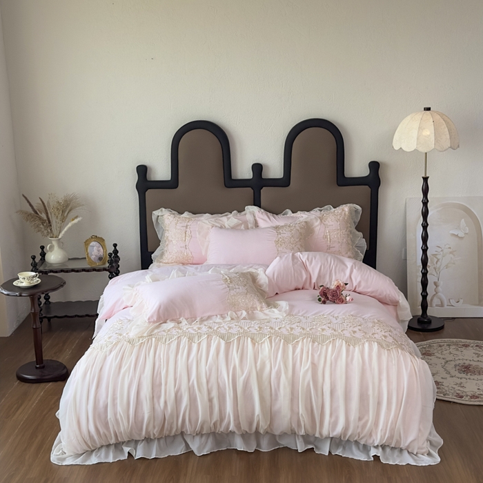 鼎丰家纺 2025新款蕾丝刺绣雪纺花边四件套 香榭-浅粉