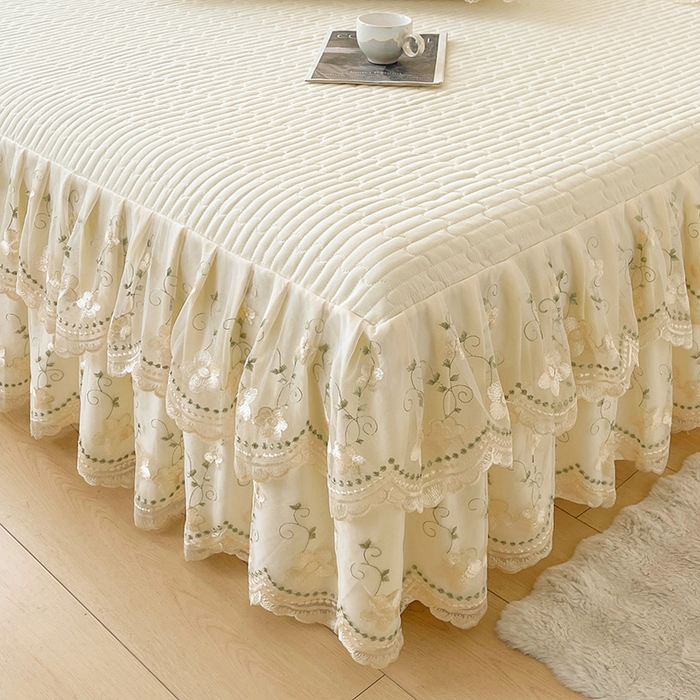 91家纺网 家纺一手货源 找家纺 鼎丰家纺 2025新款皱皱纱夹棉床裙三件套--晨曦系列 晨曦-奶油黄