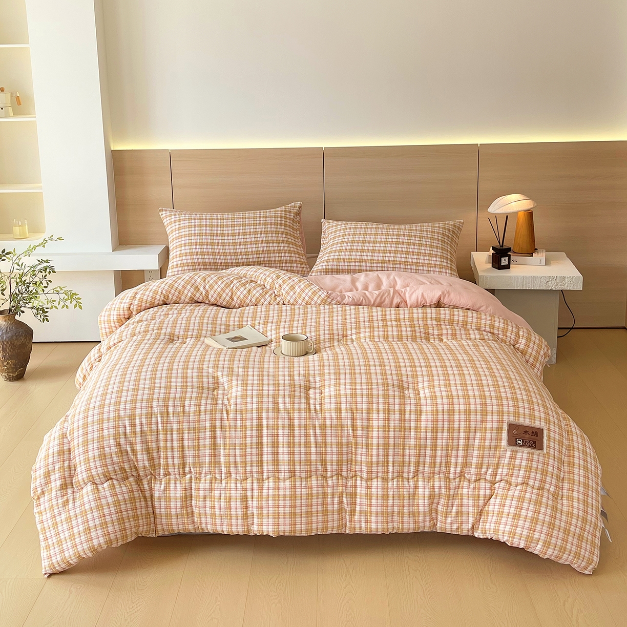 91家纺网 家纺一手货源 找家纺 宝士康家纺 2025新款10A抗菌云木棉格子春秋被/冬被/被芯/跨境外贸 粉黄格