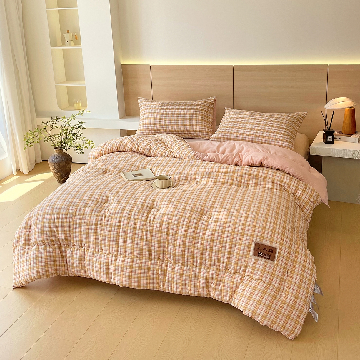 91家纺网 家纺一手货源 找家纺 宝士康家纺 2025新款10A抗菌云木棉格子春秋被/冬被/被芯/跨境外贸 粉黄格