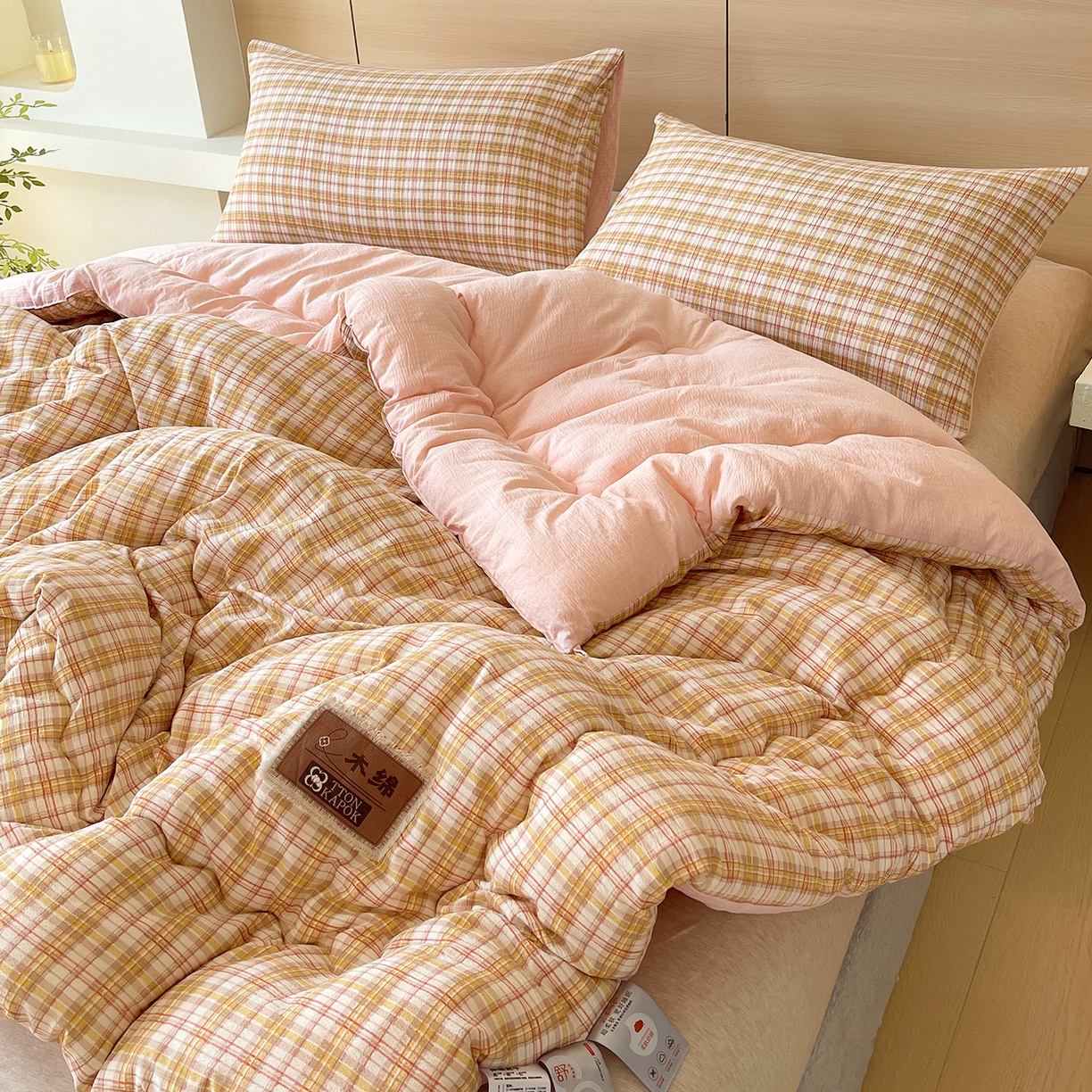 91家纺网 家纺一手货源 找家纺 宝士康家纺 2025新款10A抗菌云木棉格子春秋被/冬被/被芯/跨境外贸 粉黄格