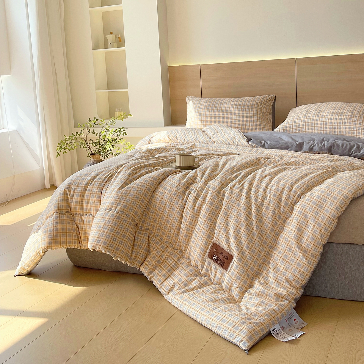 91家纺网 家纺一手货源 找家纺 宝士康家纺 2025新款10A抗菌云木棉格子春秋被/冬被/被芯/跨境外贸 灰黄格