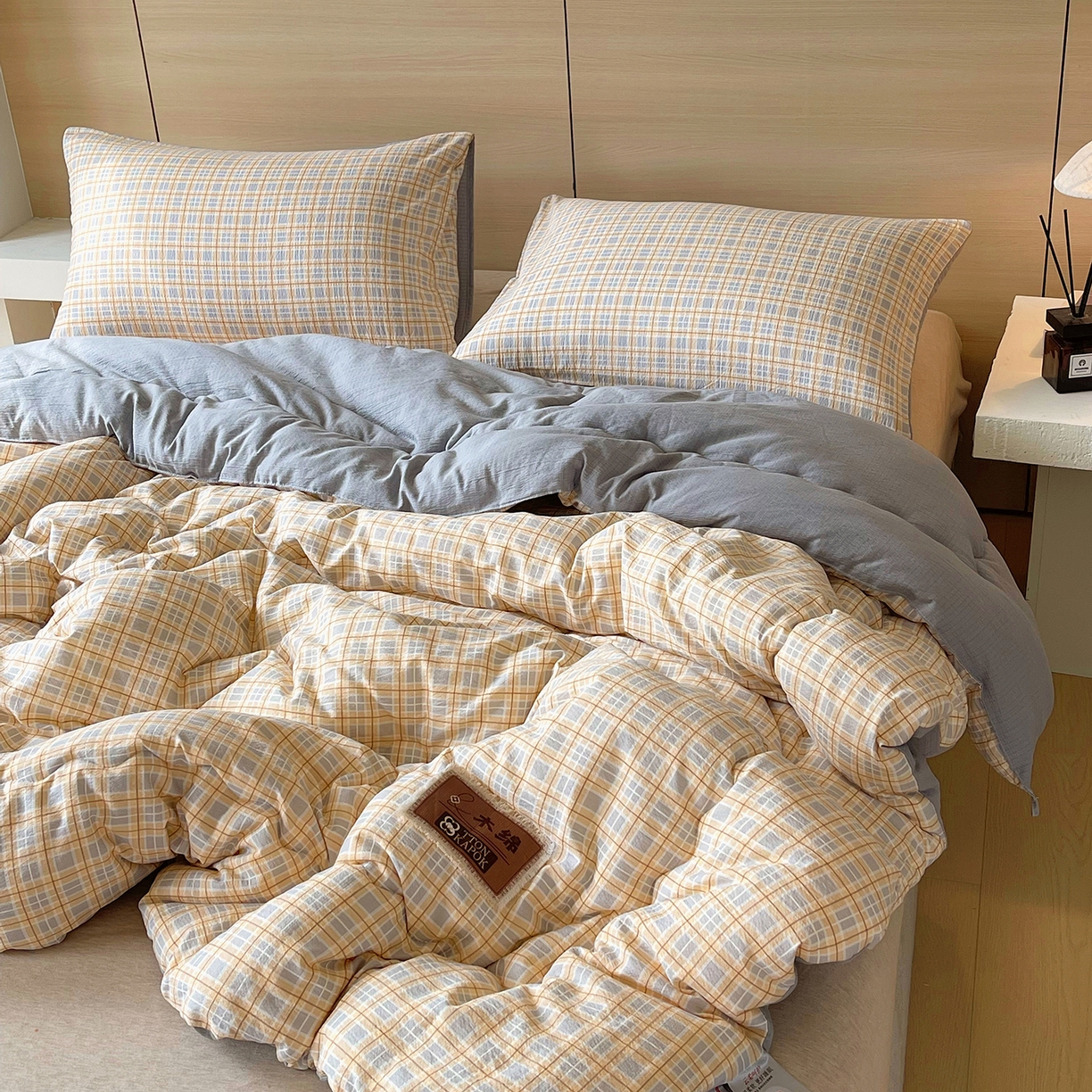 91家纺网 家纺一手货源 找家纺 宝士康家纺 2025新款10A抗菌云木棉格子春秋被/冬被/被芯/跨境外贸 灰黄格