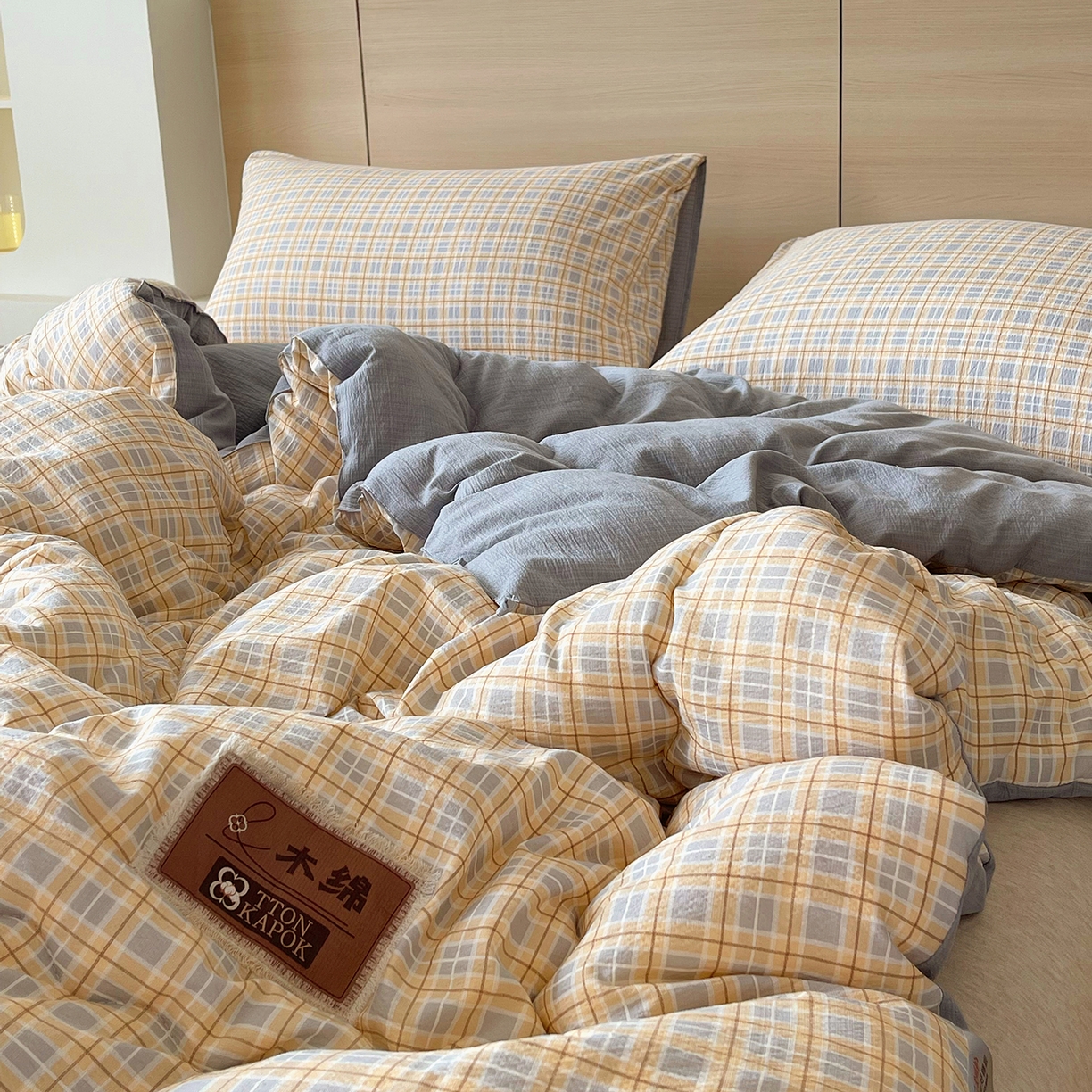 91家纺网 家纺一手货源 找家纺 宝士康家纺 2025新款10A抗菌云木棉格子春秋被/冬被/被芯/跨境外贸 灰黄格