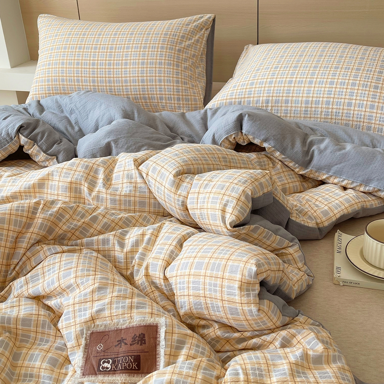 91家纺网 家纺一手货源 找家纺 宝士康家纺 2025新款10A抗菌云木棉格子春秋被/冬被/被芯/跨境外贸 灰黄格