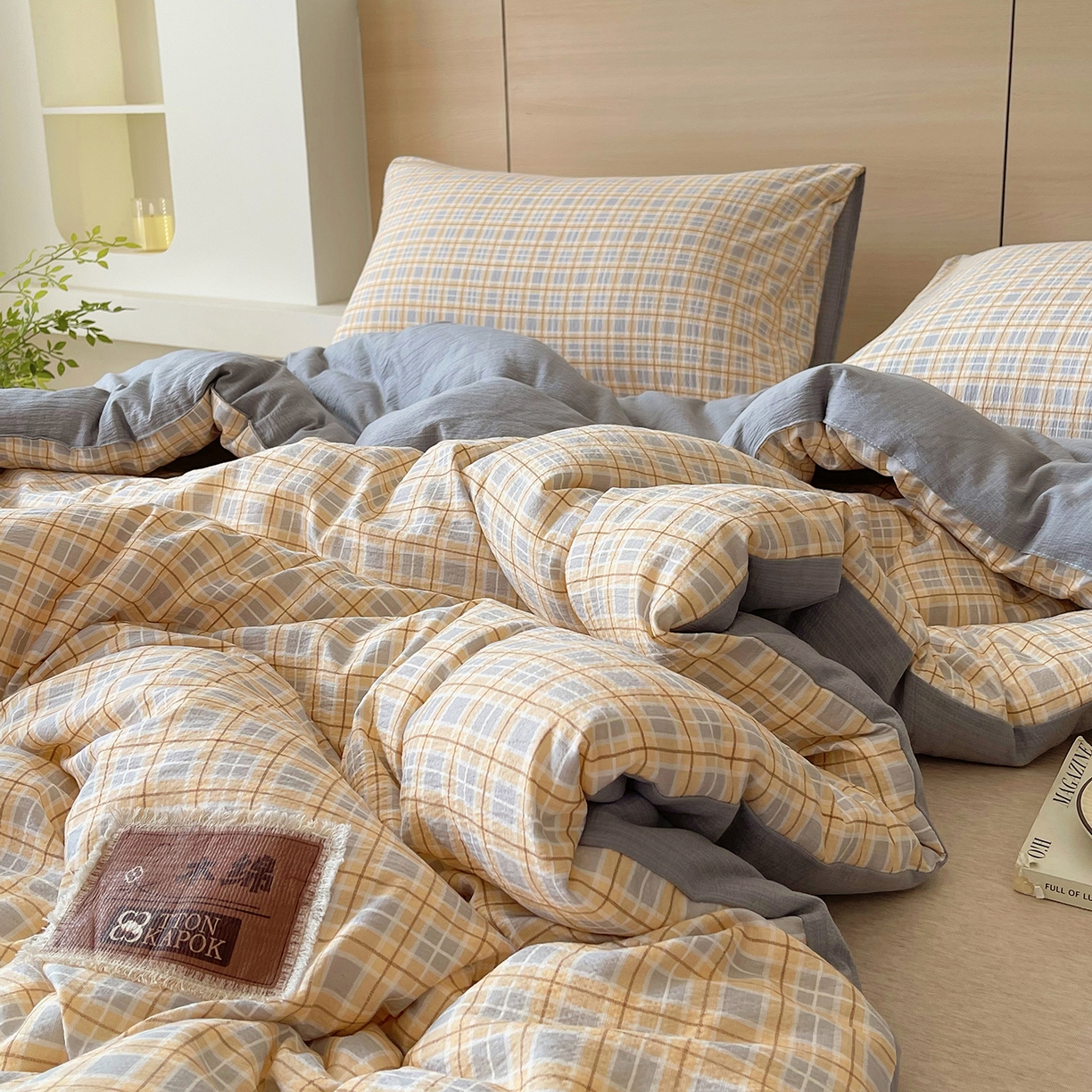 91家纺网 家纺一手货源 找家纺 宝士康家纺 2025新款10A抗菌云木棉格子春秋被/冬被/被芯/跨境外贸 灰黄格