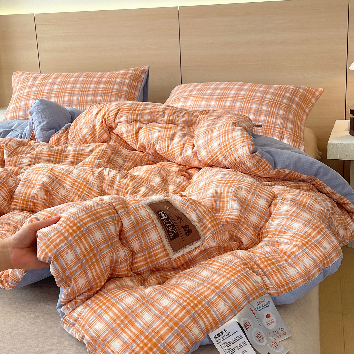 宝士康家纺 2025新款10A抗菌云木棉格子春秋被/冬被/被芯/跨境外贸 蓝橙格