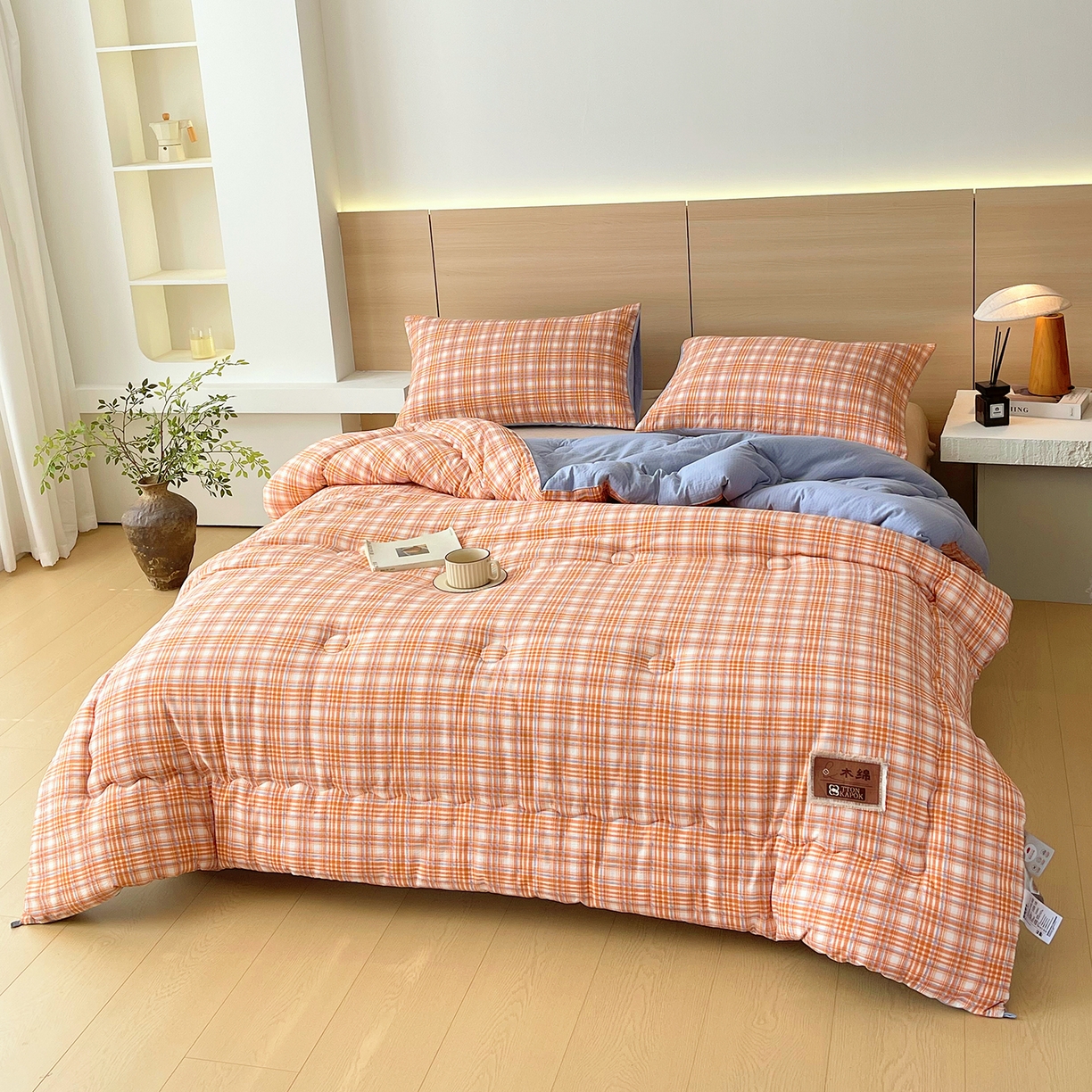 91家纺网 家纺一手货源 找家纺 宝士康家纺 2025新款10A抗菌云木棉格子春秋被/冬被/被芯/跨境外贸 蓝橙格