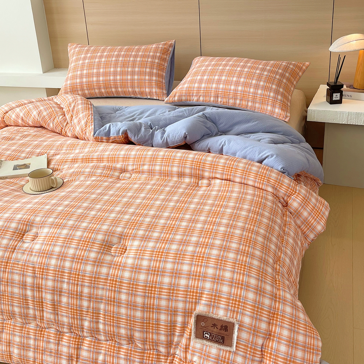91家纺网 家纺一手货源 找家纺 宝士康家纺 2025新款10A抗菌云木棉格子春秋被/冬被/被芯/跨境外贸 蓝橙格