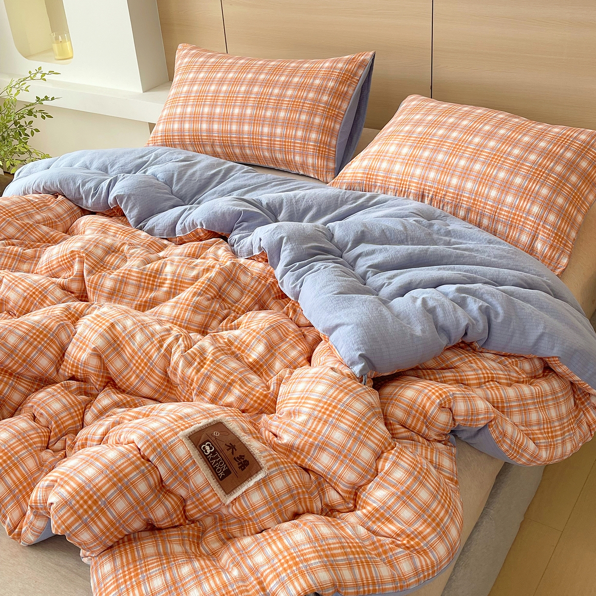 91家纺网 家纺一手货源 找家纺 宝士康家纺 2025新款10A抗菌云木棉格子春秋被/冬被/被芯/跨境外贸 蓝橙格