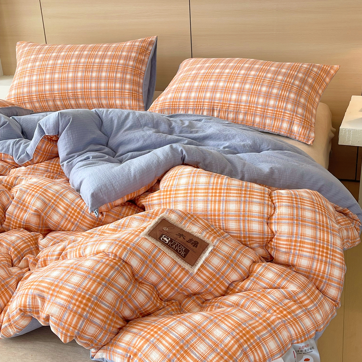 91家纺网 家纺一手货源 找家纺 宝士康家纺 2025新款10A抗菌云木棉格子春秋被/冬被/被芯/跨境外贸 蓝橙格