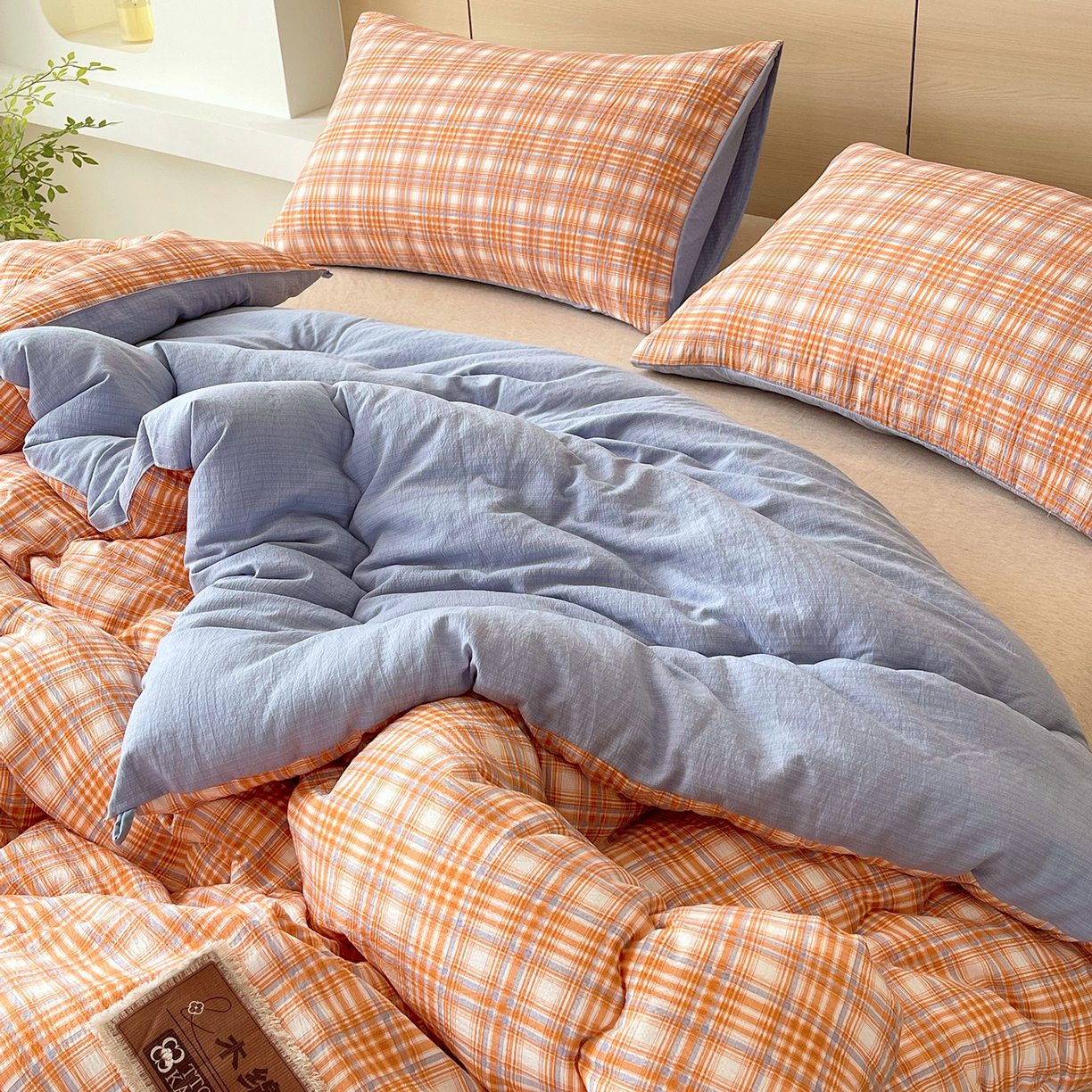 91家纺网 家纺一手货源 找家纺 宝士康家纺 2025新款10A抗菌云木棉格子春秋被/冬被/被芯/跨境外贸 蓝橙格