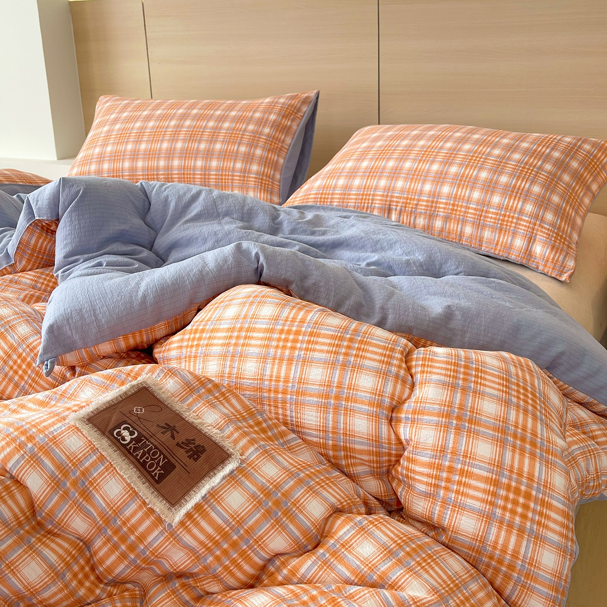 91家纺网 家纺一手货源 找家纺 宝士康家纺 2025新款10A抗菌云木棉格子春秋被/冬被/被芯/跨境外贸 蓝橙格