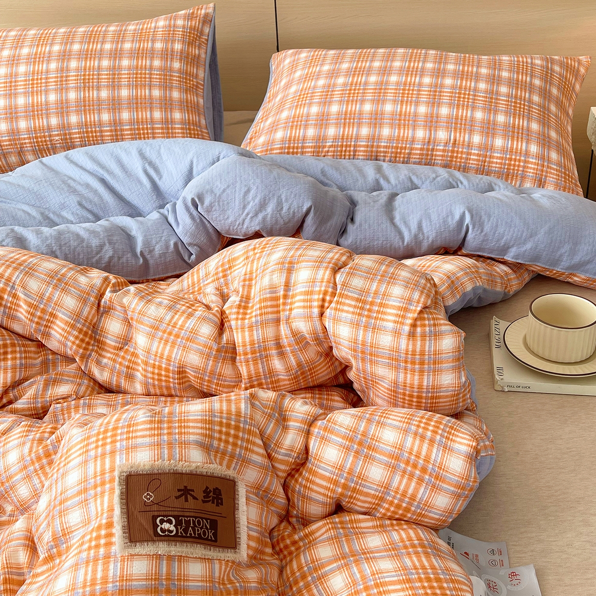 91家纺网 家纺一手货源 找家纺 宝士康家纺 2025新款10A抗菌云木棉格子春秋被/冬被/被芯/跨境外贸 蓝橙格