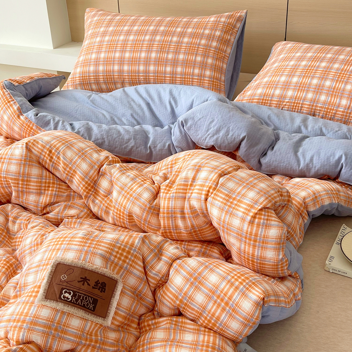 91家纺网 家纺一手货源 找家纺 宝士康家纺 2025新款10A抗菌云木棉格子春秋被/冬被/被芯/跨境外贸 蓝橙格