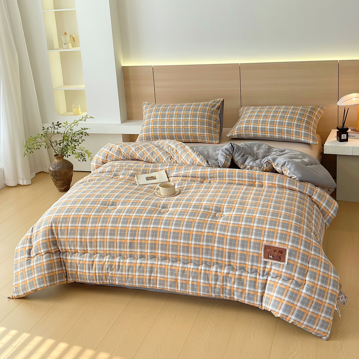 91家纺网 家纺一手货源 找家纺 宝士康家纺 2025新款10A抗菌云木棉格子春秋被/冬被/被芯/跨境外贸 蓝灰格