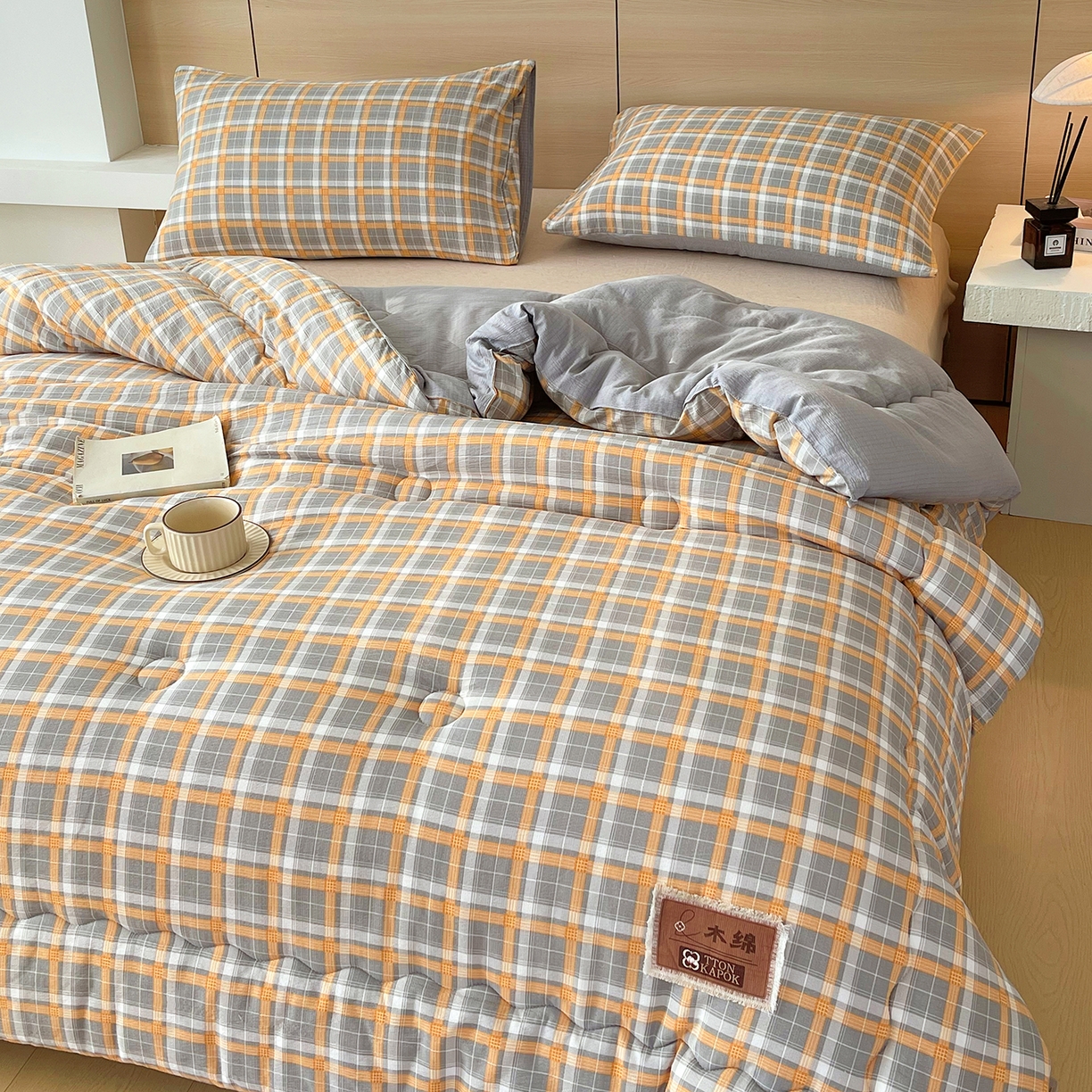 91家纺网 家纺一手货源 找家纺 宝士康家纺 2025新款10A抗菌云木棉格子春秋被/冬被/被芯/跨境外贸 蓝灰格