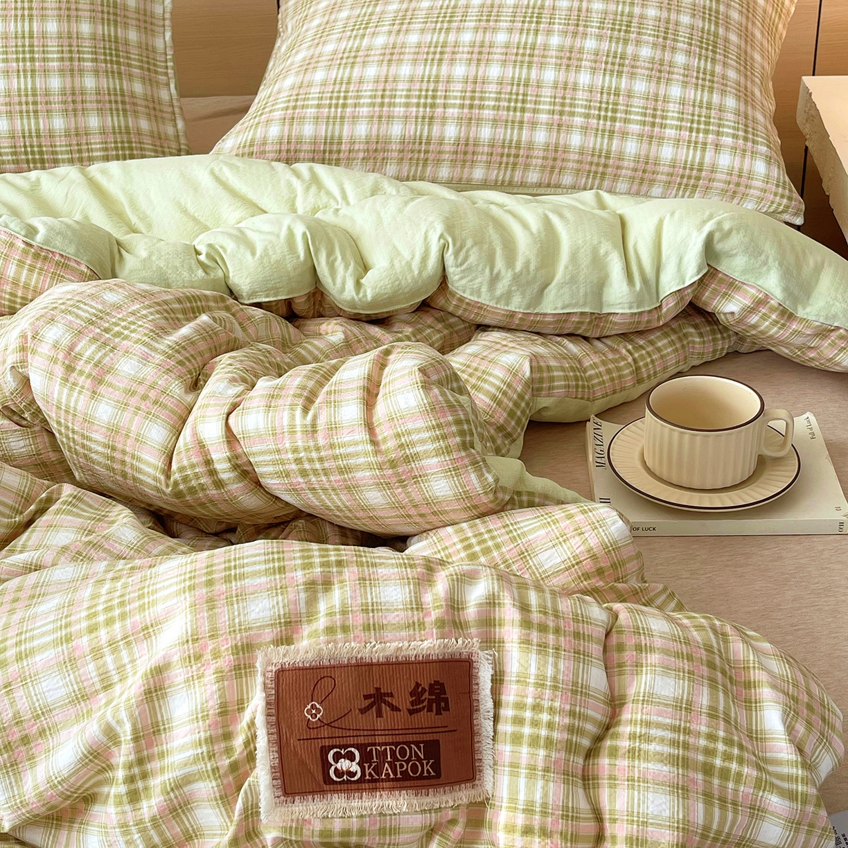 91家纺网 家纺一手货源 找家纺 宝士康家纺 2025新款10A抗菌云木棉格子春秋被/冬被/被芯/跨境外贸 绿粉格