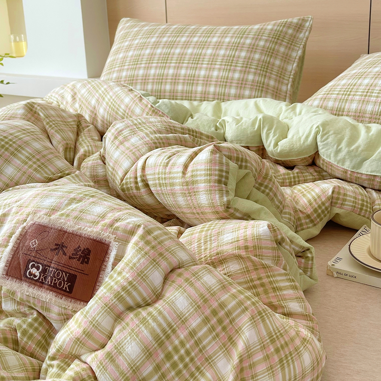 91家纺网 家纺一手货源 找家纺 宝士康家纺 2025新款10A抗菌云木棉格子春秋被/冬被/被芯/跨境外贸 绿粉格