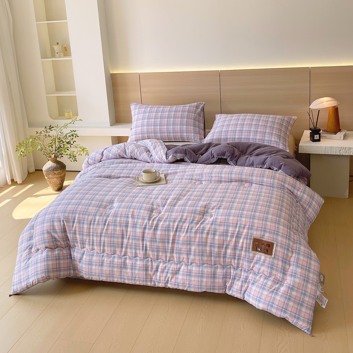 91家纺网 家纺一手货源 找家纺 宝士康家纺 2025新款10A抗菌云木棉格子春秋被/冬被/被芯/跨境外贸 紫粉格