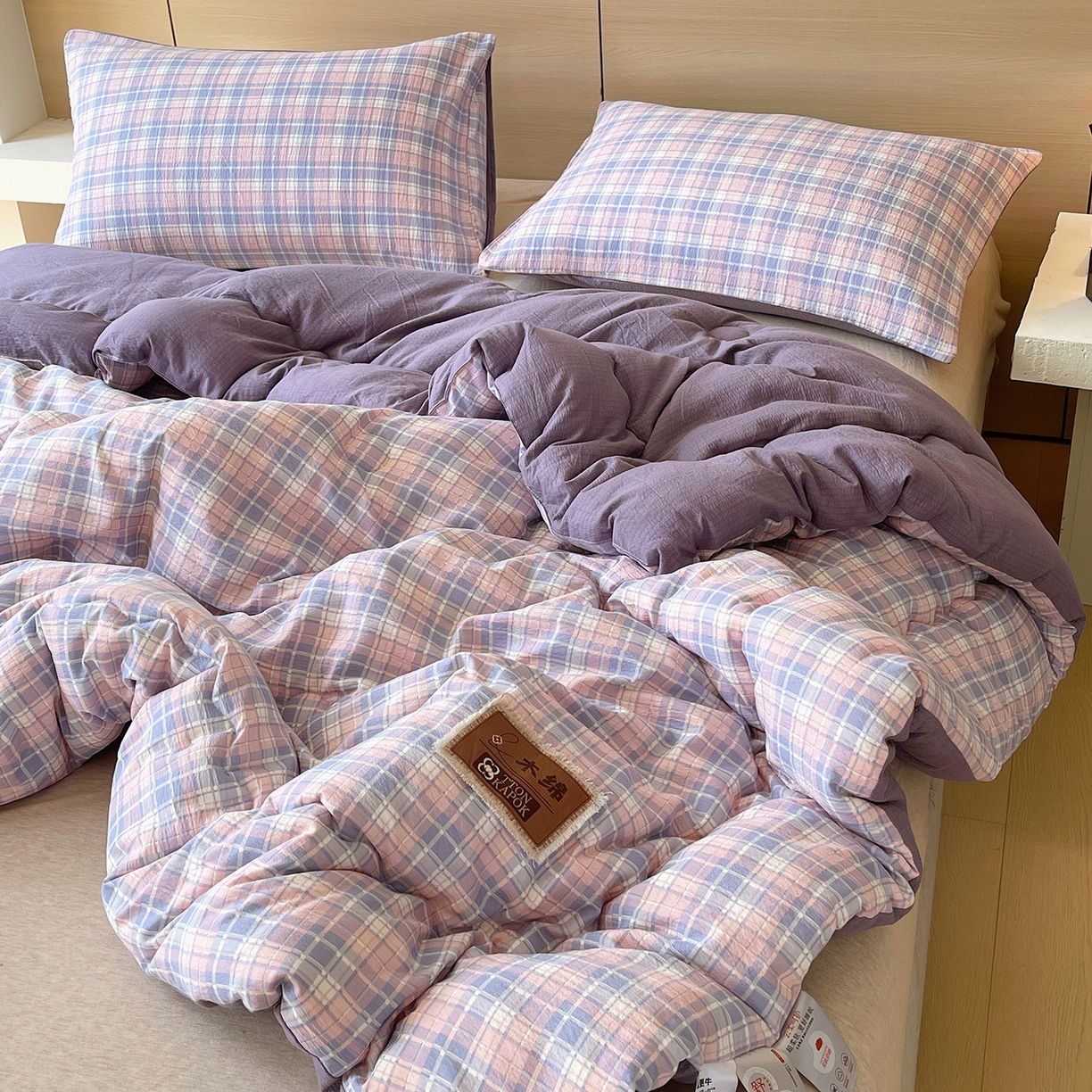 91家纺网 家纺一手货源 找家纺 宝士康家纺 2025新款10A抗菌云木棉格子春秋被/冬被/被芯/跨境外贸 紫粉格