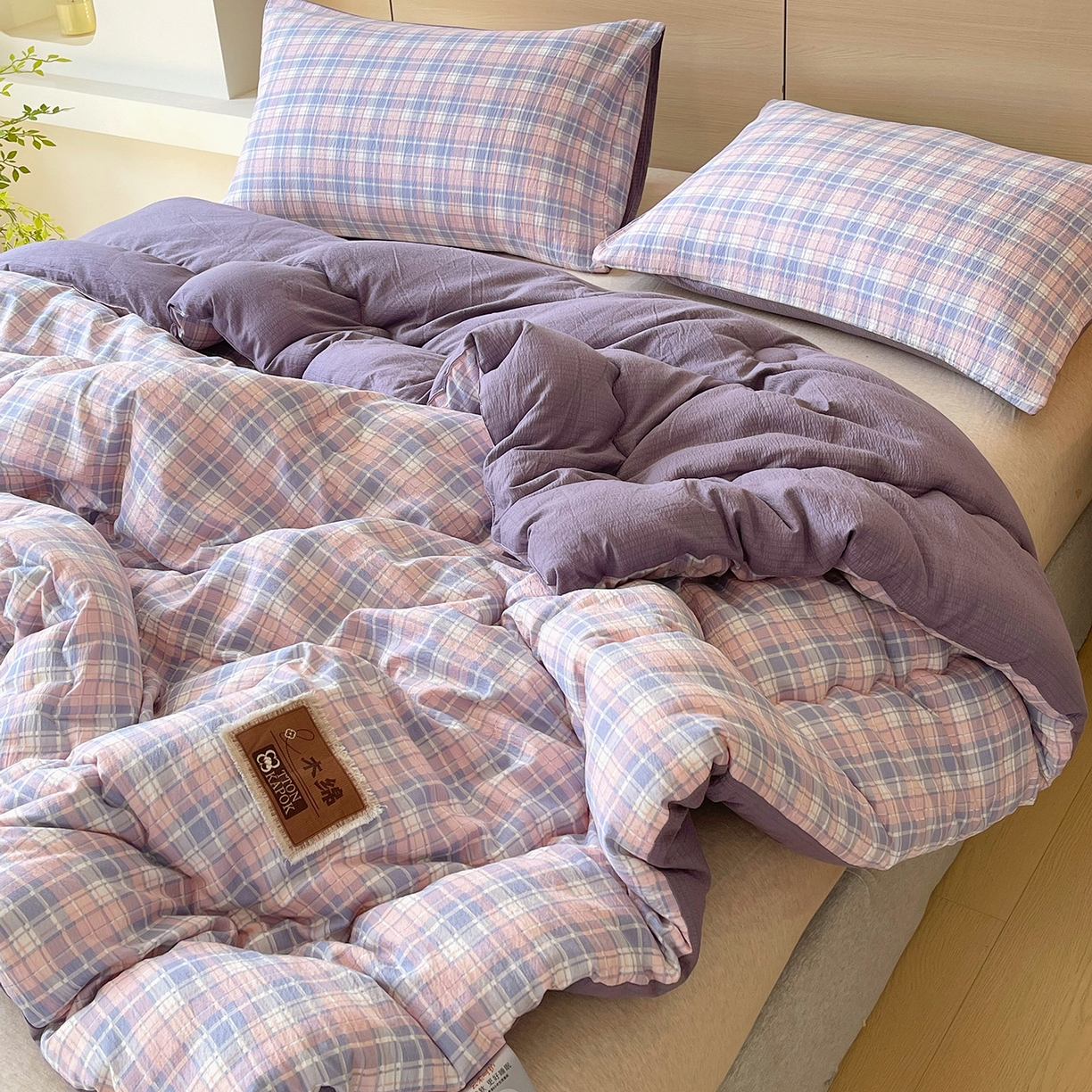 91家纺网 家纺一手货源 找家纺 宝士康家纺 2025新款10A抗菌云木棉格子春秋被/冬被/被芯/跨境外贸 紫粉格