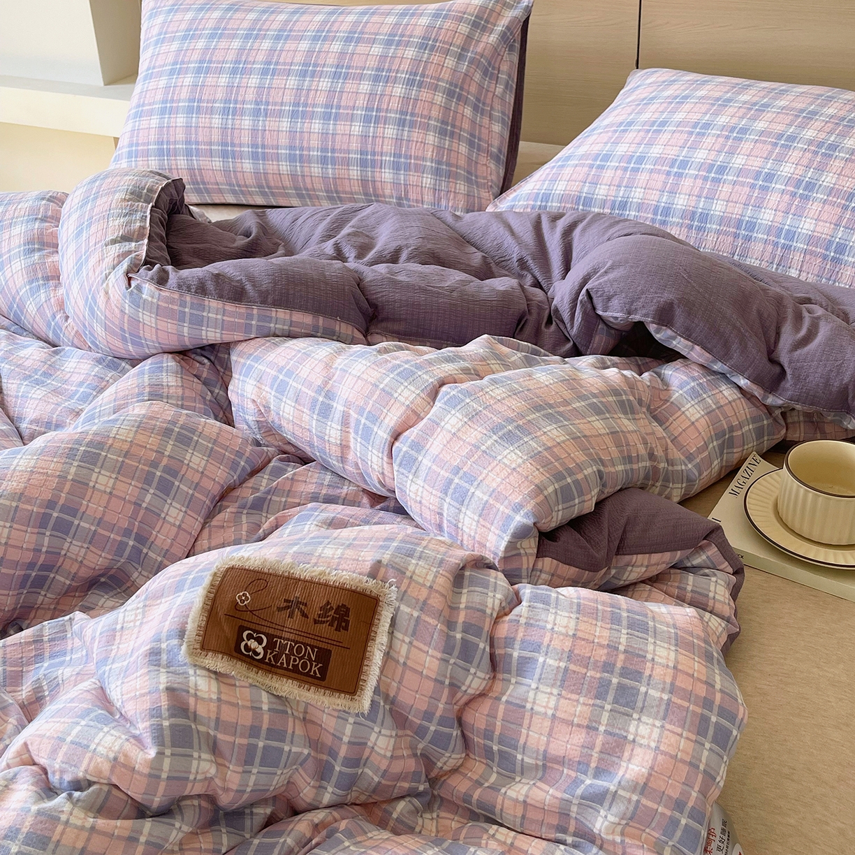 91家纺网 家纺一手货源 找家纺 宝士康家纺 2025新款10A抗菌云木棉格子春秋被/冬被/被芯/跨境外贸 紫粉格