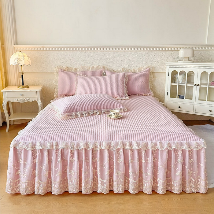 鼎丰家纺 2025新款皱皱纱夹棉床裙三件套-花影系列 花影-樱花粉