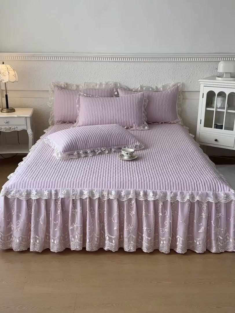 91家纺网 家纺一手货源 找家纺 （总）鼎丰家纺 2025新款皱皱纱夹棉床裙三件套-花影系列