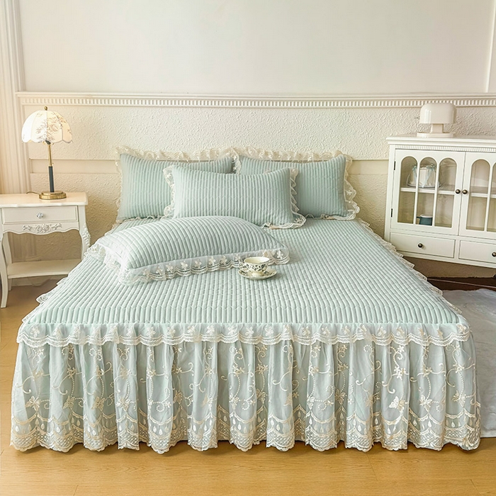 鼎丰家纺 2025新款皱皱纱夹棉床裙三件套-花影系列 花影-清新绿